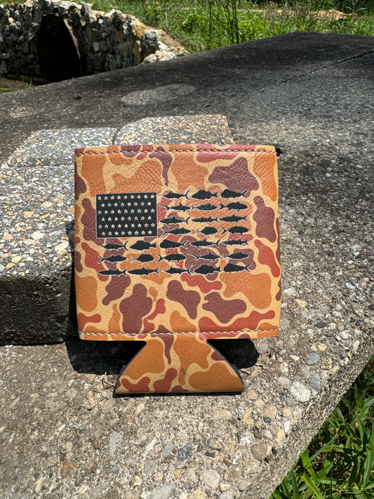Fish Flag-Drake Camo Leather Koozie