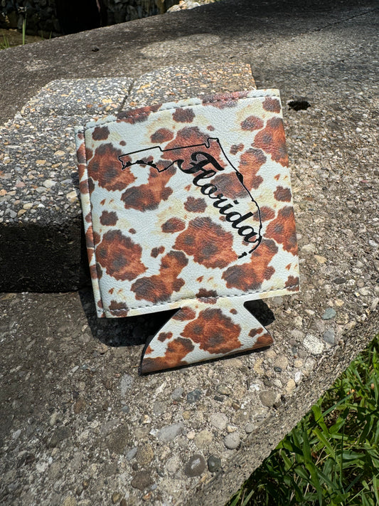Florida State Outline-Cow Print Leather Koozie