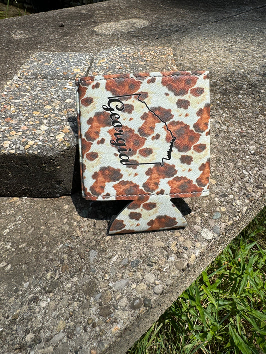 Georgia State Outline-Cow Print Leather Koozie