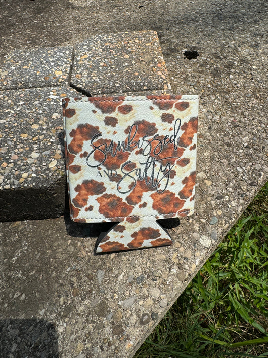 Sunkissed and Salty-Cow Print Leather Koozie